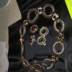 Vintage Givenchy  silver plate 18 in collar  Two glass cabochon clip earrings